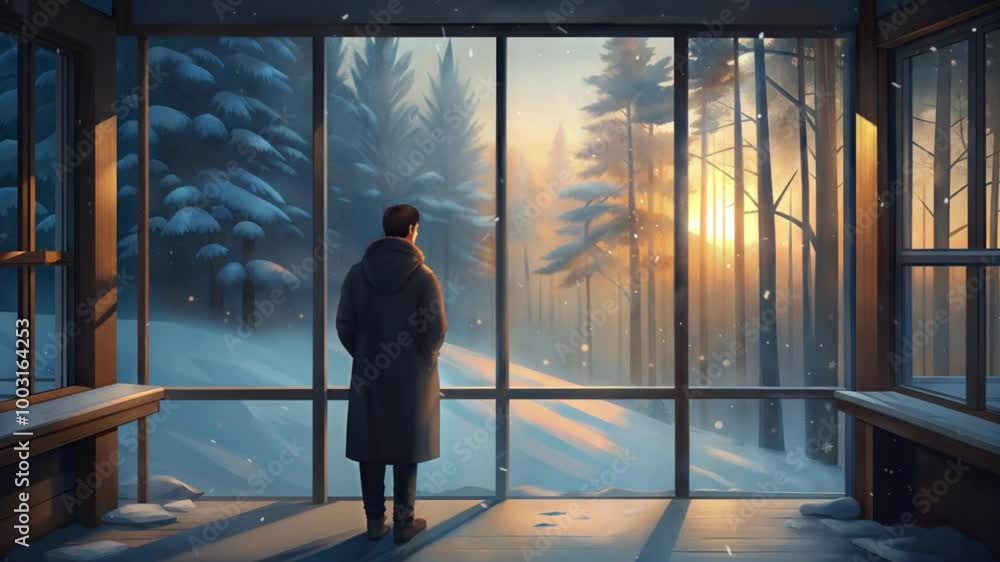 Man standing by large window looking at snowy forest, lofi style Man standing by large window looking at snowy forest, lofi style