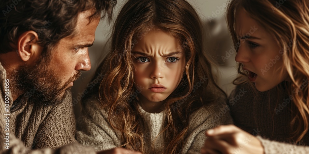 Fototapeta premium Serious Young Girl Sitting Between Arguing Parents Indoors