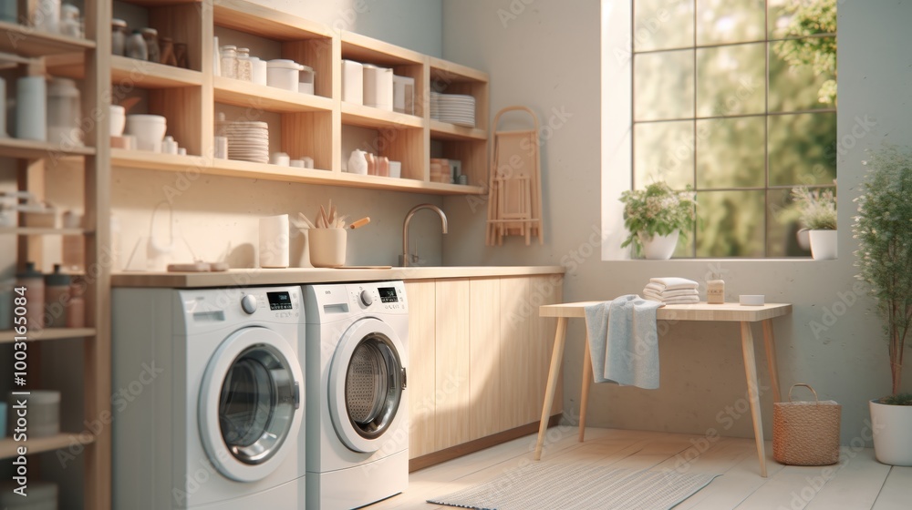 White countertop in laundry room for product display with washing machine and plants nearby White countertop in laundry room for product display with washing machine and plants nearby