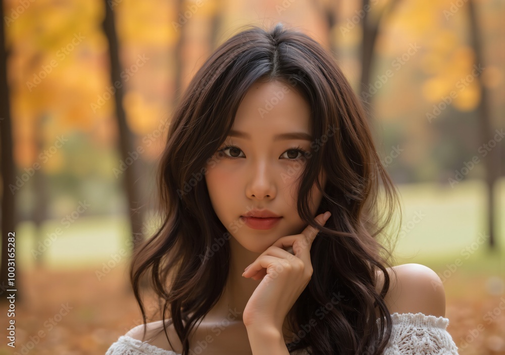 Realistic close-up of a young Asian woman’s face, emphasizing her smooth skin and flawless beauty in an autumn landscape Realistic close-up of a young Asian woman’s face, emphasizing her smooth skin and flawless beauty in an autumn landscape