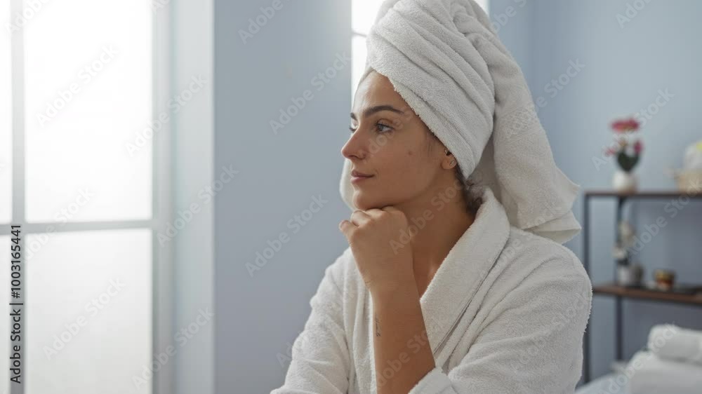 Hispanic woman relaxing in a spa wearing a white robe and towel on her head, enjoying a peaceful moment inside a serene wellness center Hispanic woman relaxing in a spa wearing a white robe and towel on her head, enjoying a peaceful moment inside a serene wellness center