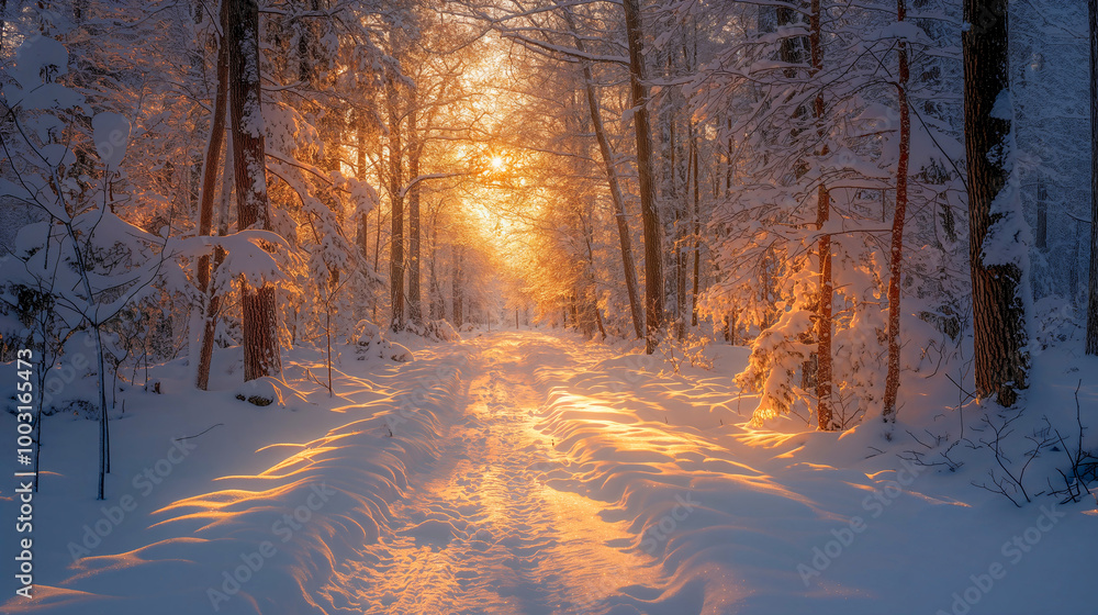 Sunset through an autumn forest path, golden leaves glowing in the warm evening light. Sunset through an autumn forest path, golden leaves glowing in the warm evening light.