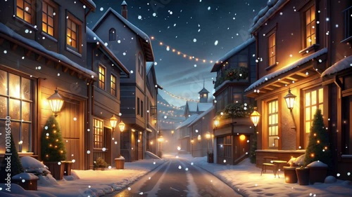 Snowy street with Christmas lights at night in winter, snowing, lofi style