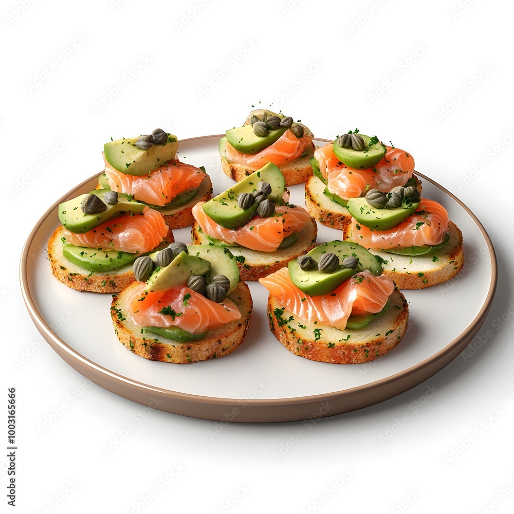 Gourmet salmon and cucumber appetizers with capers and herbs on bread Gourmet salmon and cucumber appetizers with capers and herbs on bread