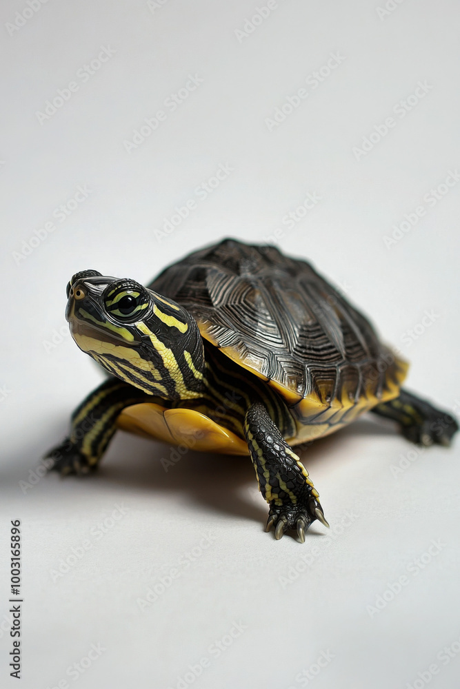 Obraz premium Close-up of a small turtle with yellow and black markings on a light-colored background.