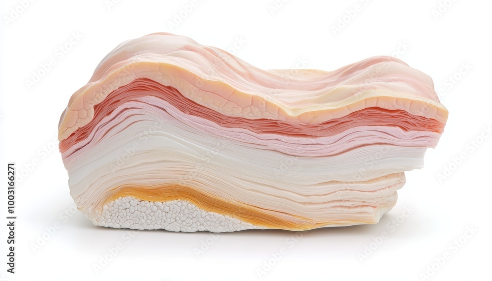 A cross-section 3D view of the stomach, showing the layers of the stomach wall including the mucosa, submucosa, and muscularis, floating on white. A cross-section 3D view of the stomach, showing the layers of the stomach wall including the mucosa, submucosa, and muscularis, floating on white.