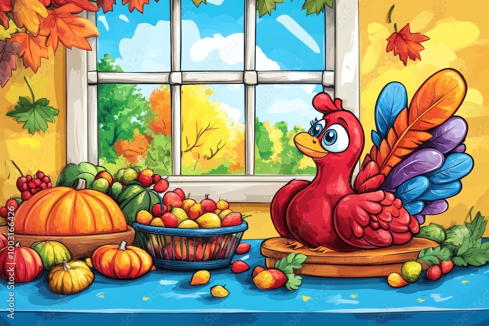 Obraz premium Thanksgiving Day. Turkey, pumpkins and wine are on the table. Autumn table with meat and pumpkin treats. Postcard invitation to Thanksgiving Day in November.