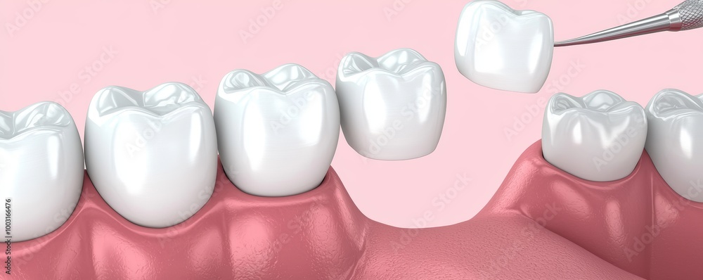 A dental surgeon placing a dental bridge on a patient, filling the gap left by missing teeth and restoring the functionality of the bite. A dental surgeon placing a dental bridge on a patient, filling the gap left by missing teeth and restoring the functionality of the bite.