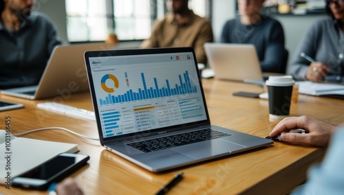 Laptop on the table in an office, displaying Analysts in the workplace are studying financial data for marketing strategy at the workspace, dashboard paper format with graphs and charts
