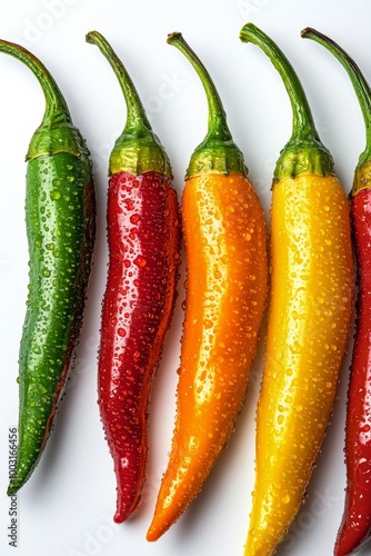 Colorful fresh chili peppers glistening with water on a white background in n...