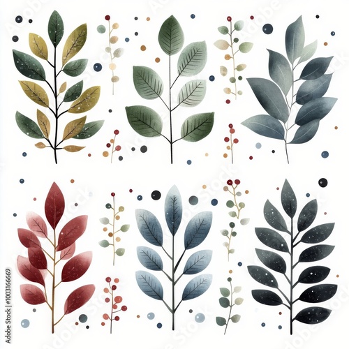 Colorful botanical illustrations featuring diverse leaf shapes and patterns o...