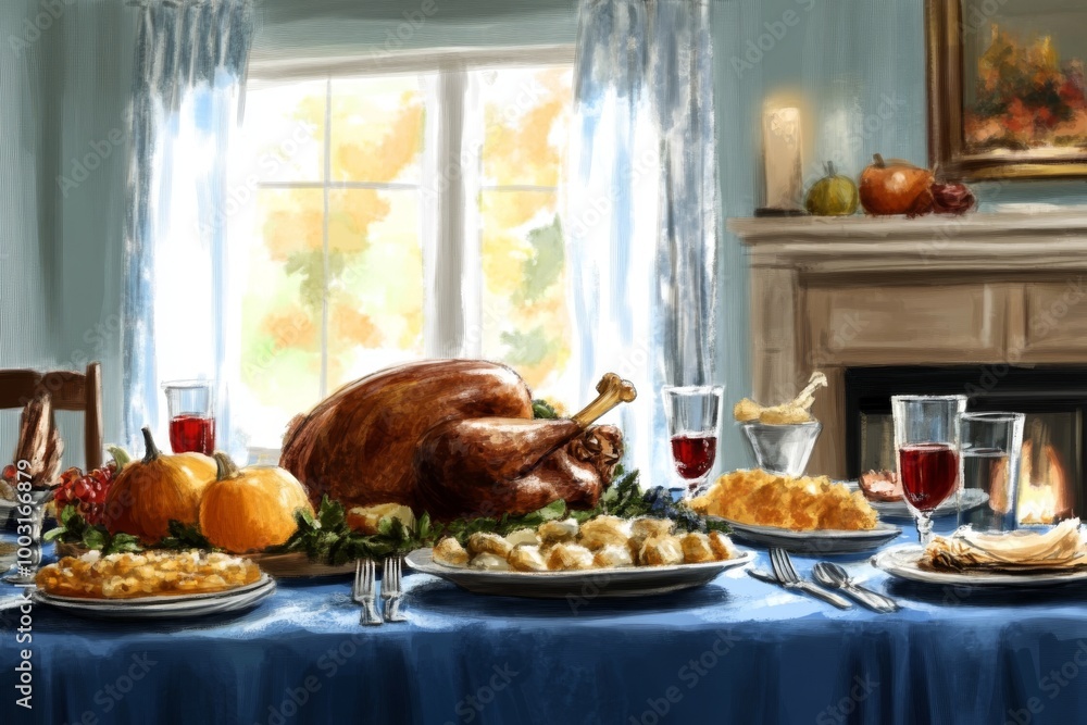 Thanksgiving Day. Turkey, pumpkins and wine are on the table. Autumn table with meat and pumpkin treats. Postcard invitation to Thanksgiving Day in November. Thanksgiving Day. Turkey, pumpkins and wine are on the table. Autumn table with meat and pumpkin treats. Postcard invitation to Thanksgiving Day in November.