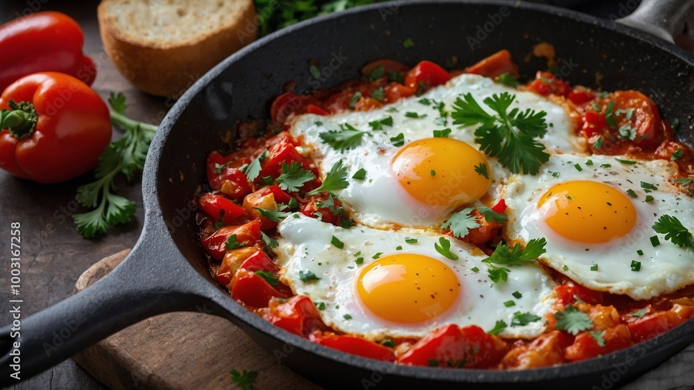 A skillet of shakshuka with a Fried Egg - generative ai A skillet of shakshuka with a Fried Egg - generative ai