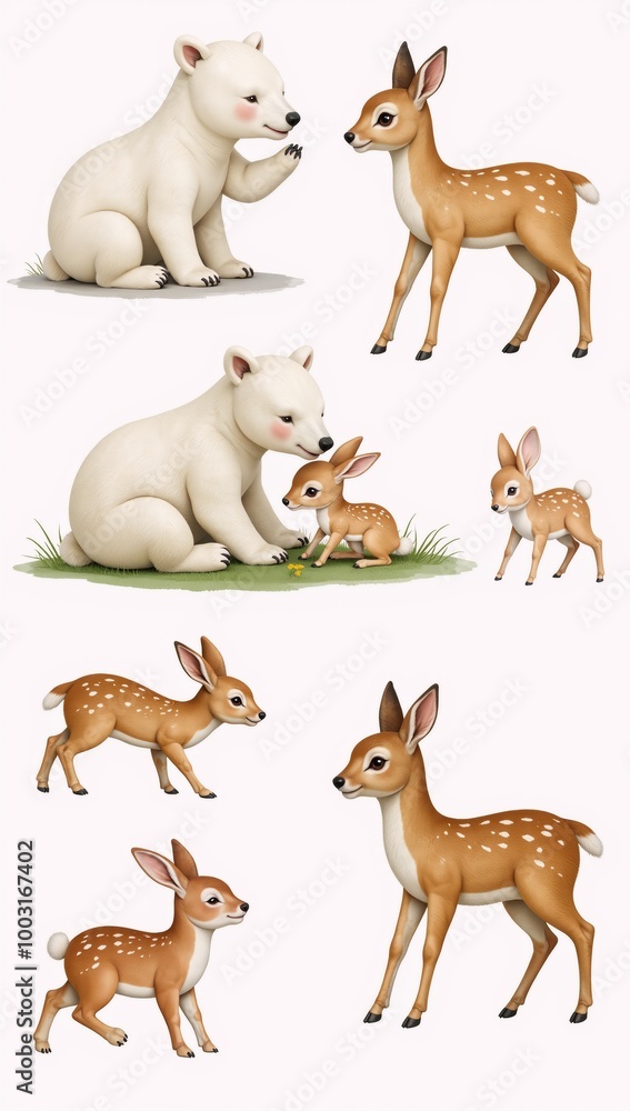 A heartwarming watercolor scene featuring cute polar bears deer fawns and hares A heartwarming watercolor scene featuring cute polar bears deer fawns and hares