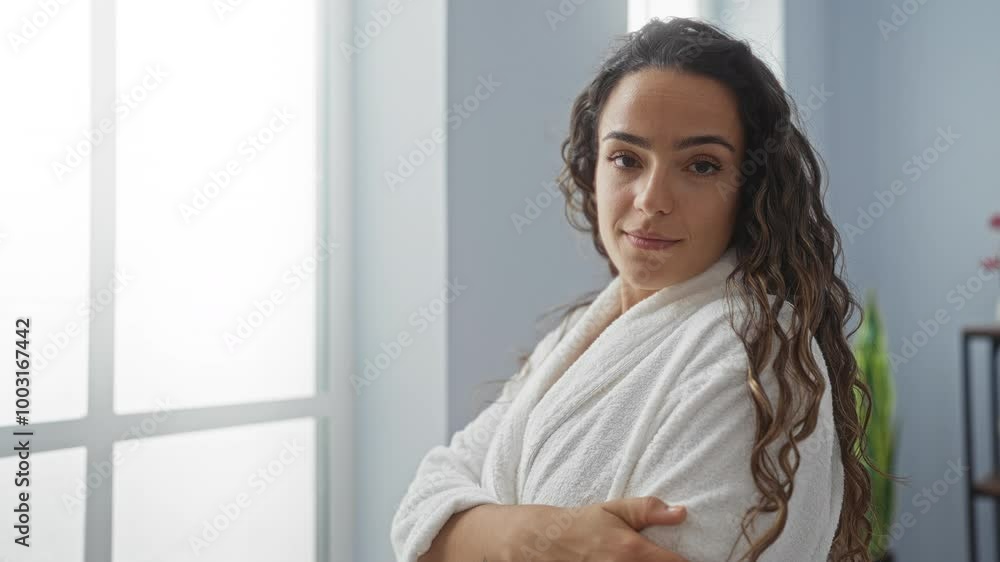 Young woman with brunette hair and white robe enjoying a spa day indoors with a peaceful smile in a serene beauty center Young woman with brunette hair and white robe enjoying a spa day indoors with a peaceful smile in a serene beauty center