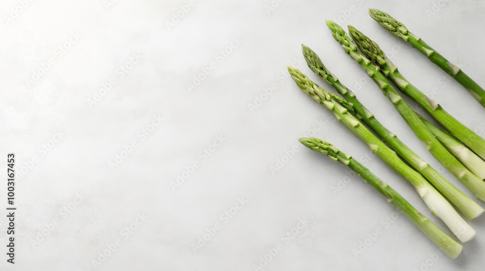 Bright green asparagus stalks arranged elegantly against a soft light background Bright green asparagus stalks arranged elegantly against a soft light background