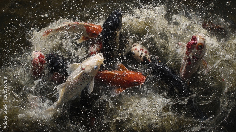 Koi fish splashing in a pond feeding frenzy Koi fish splashing in a pond feeding frenzy