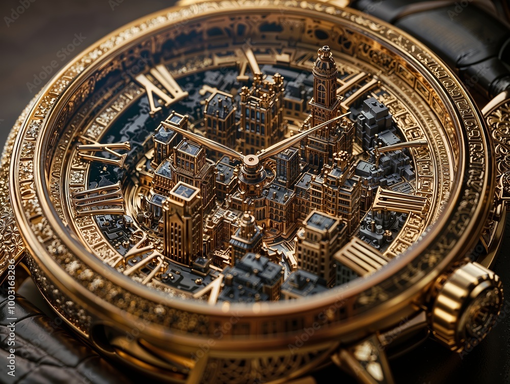 Obraz premium Intricate Gold Watch with Miniature Cityscape and Roman Numerals