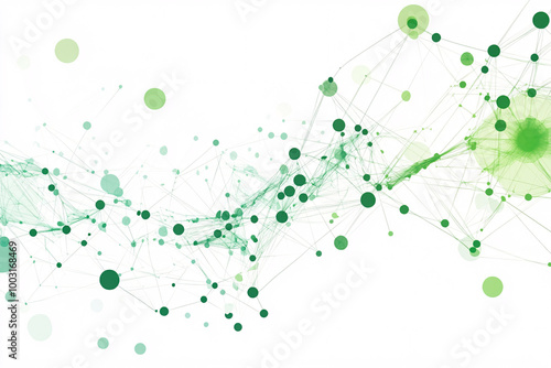 Flowing green and white network with abstract connections and circular dots in a tech style
