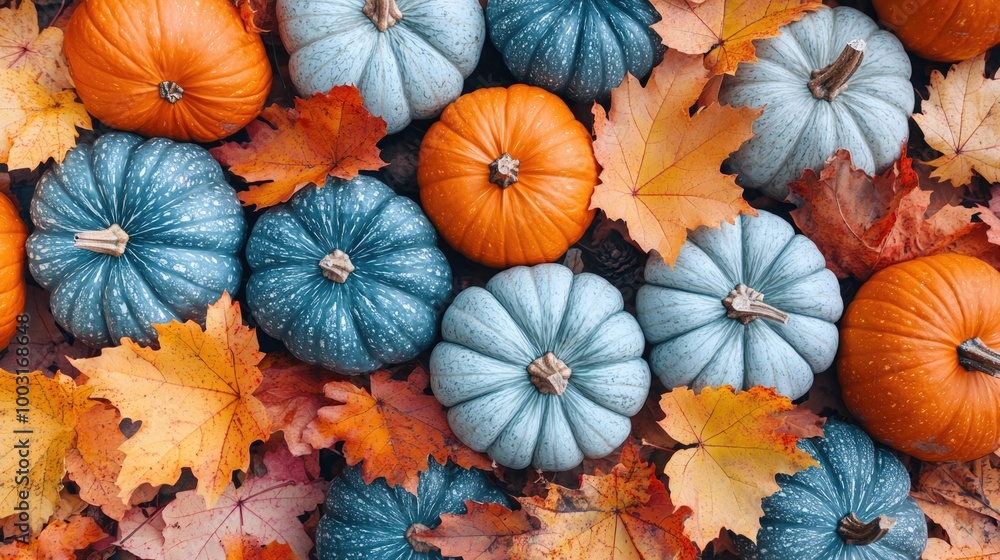 Colorful pumpkins surrounded by autumn leaves Colorful pumpkins surrounded by autumn leaves