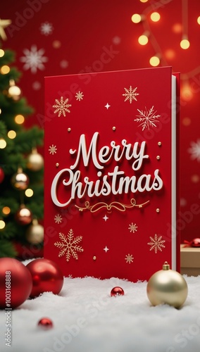 A festive and creative Merry Christmas greeting card featuring a 3D-rendered holiday scene with text on a red background