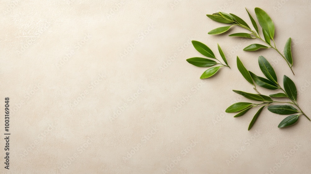 Elegant green foliage rests calmly on a smooth beige surface perfect for artistic inspiration Elegant green foliage rests calmly on a smooth beige surface perfect for artistic inspiration