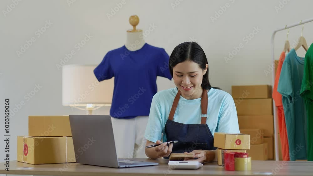 Asian female entrepreneur manages an online clothing store from her home, handling orders and overseeing daily operations Asian female entrepreneur manages an online clothing store from her home, handling orders and overseeing daily operations