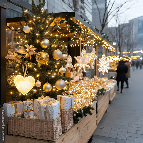 Festive Christmas Market with Illuminated Decorations and Gifts