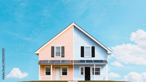 A side-by-side comparison of an old house with missing shingles, showing its transformation into a luxury home with clean lines, solar panels, and fresh landscaping. photo