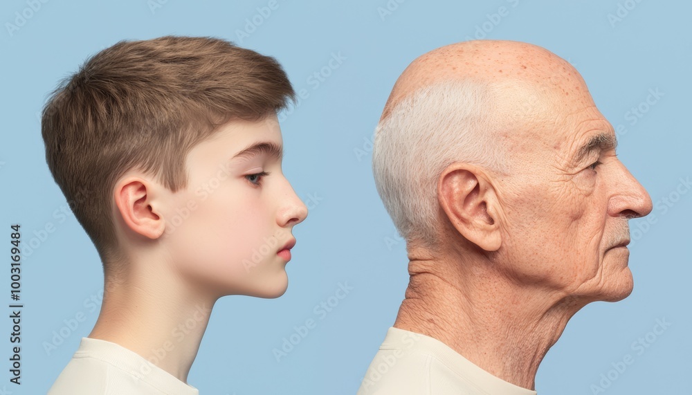 A side-by-side illustration where the symmetry of the younger face fades as the person ages, with noticeable changes in the nose, jawline, and cheeks. A side-by-side illustration where the symmetry of the younger face fades as the person ages, with noticeable changes in the nose, jawline, and cheeks.