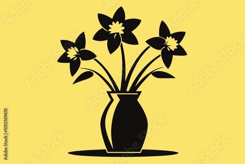  Beautiful Daffodil flower in vase silhouette black Vector art illustration 