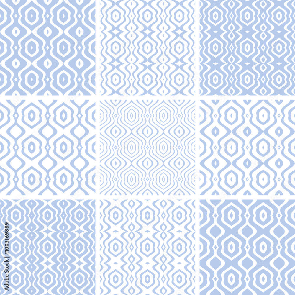 Set of Seamless Wavy Lines Patterns. Light Blue and White Textures Collection. Set of Seamless Wavy Lines Patterns. Light Blue and White Textures Collection.