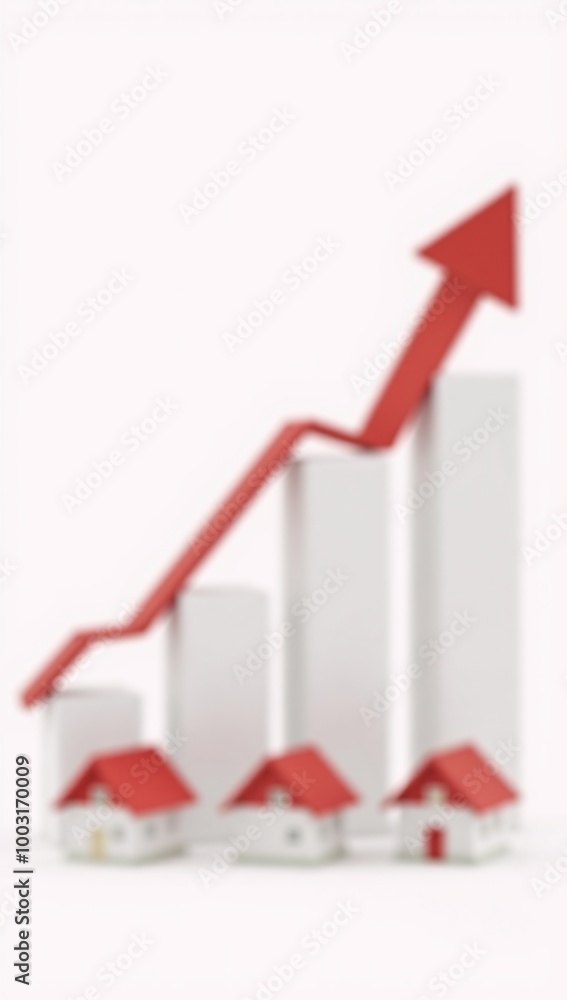 Digital rendering of real estate growth concept Red upward arrow white bar graph and houses with red rooftops isolated against a white backdrop Real Estate Growth Concept 3D Digital rendering of real estate growth concept Red upward arrow white bar graph and houses with red rooftops isolated against a white backdrop Real Estate Growth Concept 3D