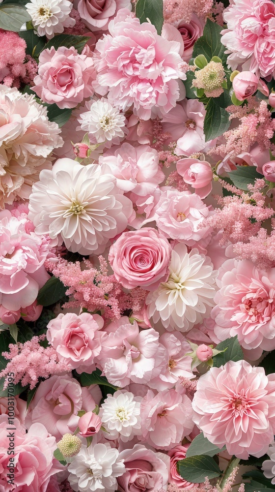 Peonies and roses on soft color background, romantic feminine composition, wedding invitation concept.