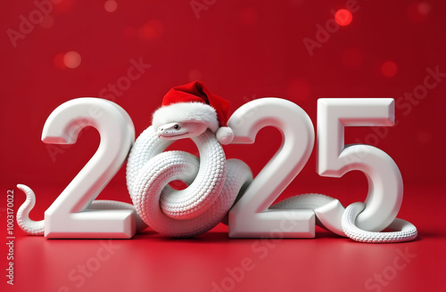 On a red background with bokeh there are white numbers 2025, instead of the number 0 there is a white snake in a Santa hat. Picture for the New Year holiday.