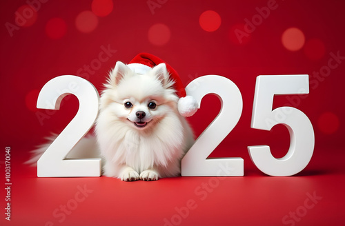On a red background with bokeh large white 3D numbers 2025, instead of the number 0 a white Pomeranian dog in a hat with Santa Claus. Happy New Year Greeting Picture for Calendar or Zoo Business.