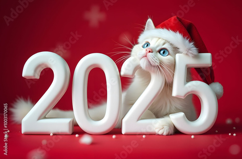 On a red background are large white numbers 2025, behind the numbers lies a white cat with blue eyes and wearing a Santa Claus hat and looks up dreamily. Picture for the New Year holiday. 