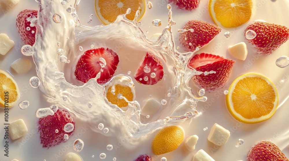 Fresh Fruits Splash with Water and Bubbles Fresh Fruits Splash with Water and Bubbles