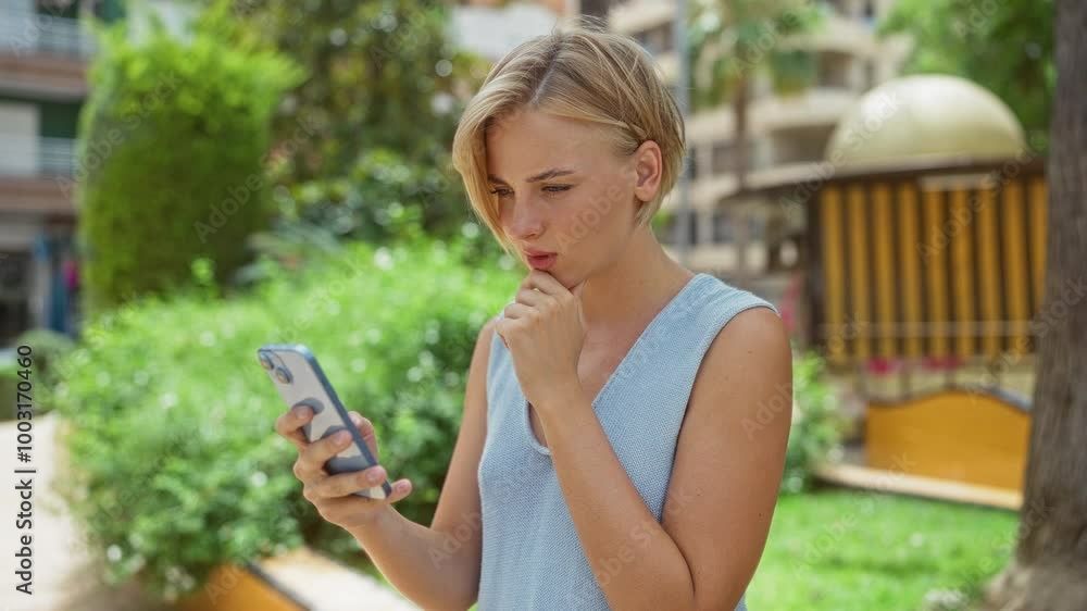 Young woman using smartphone in urban park with green surroundings and buildings in background Young woman using smartphone in urban park with green surroundings and buildings in background