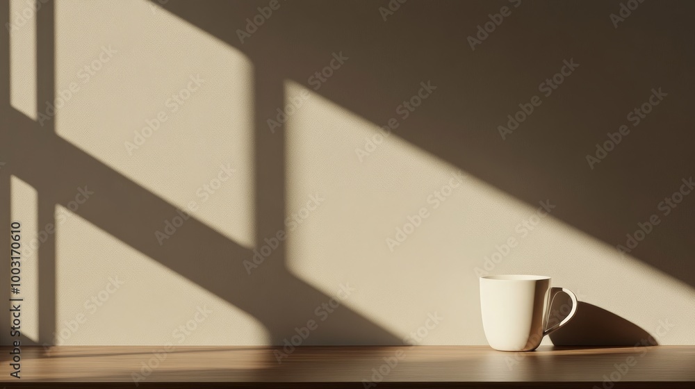 Obraz premium A simple white coffee cup rests elegantly on a wooden surface illuminated by soft light