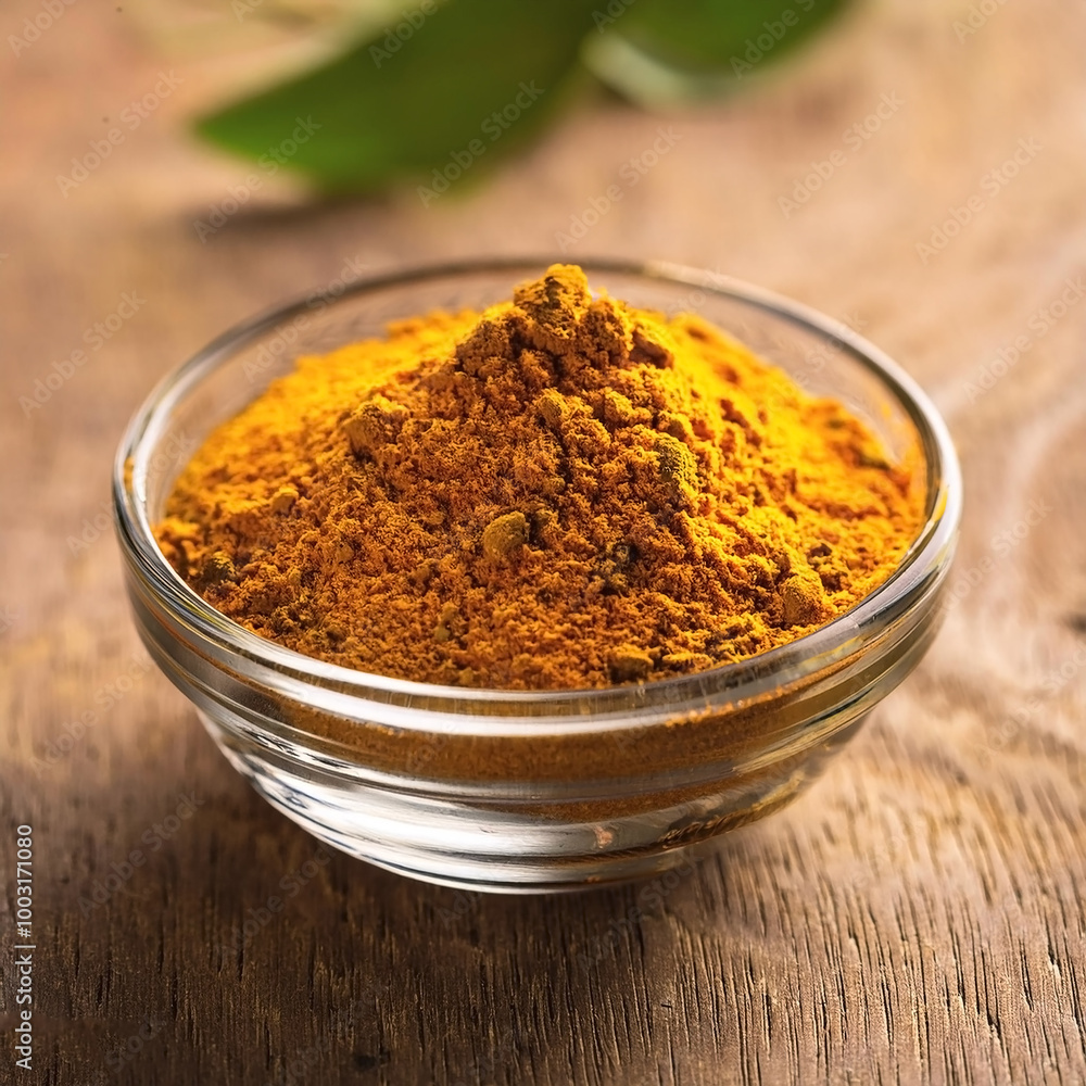 Turmeric spice in a glass container, on a natural wooden background Turmeric spice in a glass container, on a natural wooden background