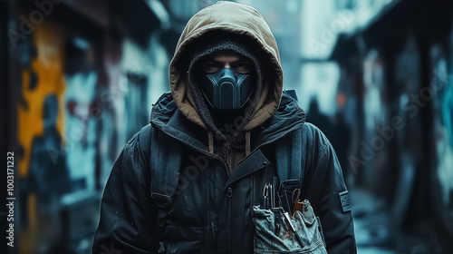 A solitary burglar in a gas mask stands in a dark urban alley, evoking themes of survival and isolation, ideal for dystopian storytelling or pandemic-related design. photo