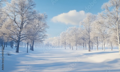 Bare trees, snow-covered ground, blue sky, winter calm