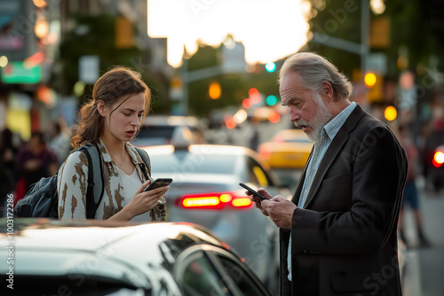 Busy downtown street at sunset with pedestrians using smartphones and vehicles maneuvering through traffic