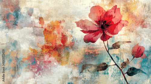 A vibrant flower blooms amidst a colorful abstract backdrop infused with artistic flair