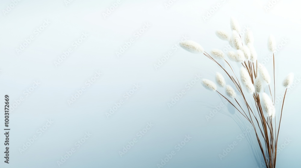 Soft white floral elements emerge beautifully from a calm blue background inviting peace Soft white floral elements emerge beautifully from a calm blue background inviting peace