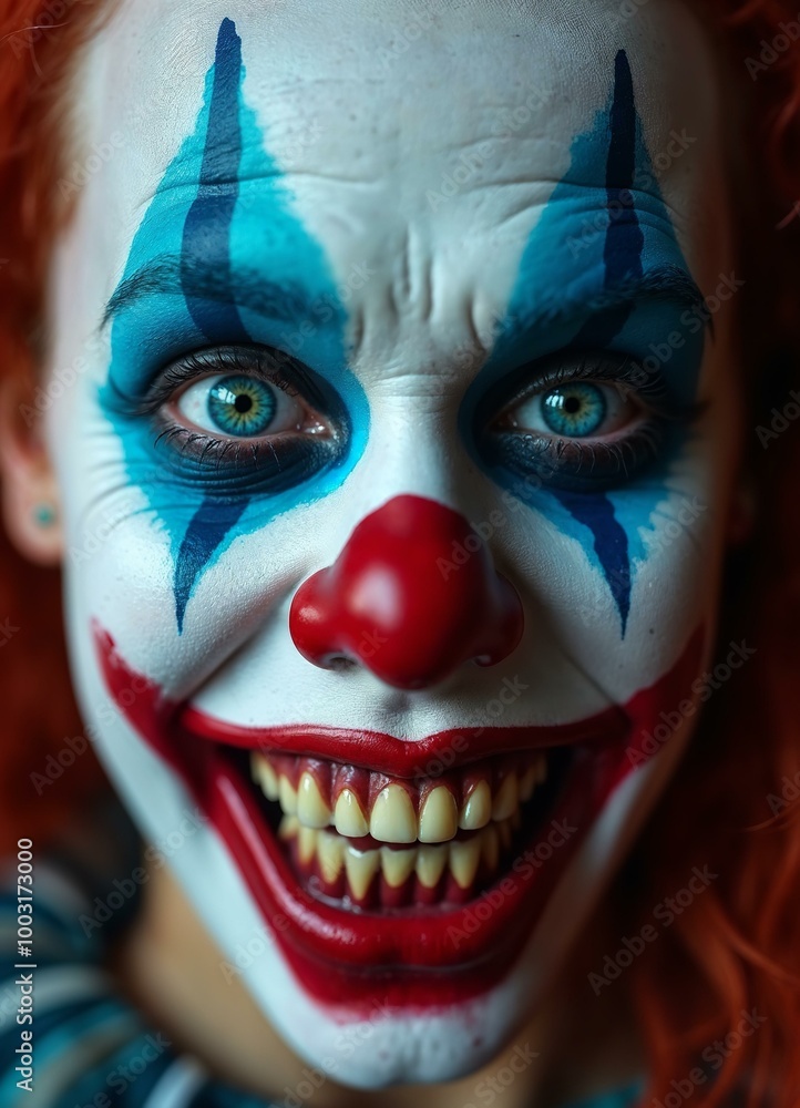 Scary Clown Face with Red Hair and Blue Eyes: Halloween Horror Scary Clown Face with Red Hair and Blue Eyes: Halloween Horror