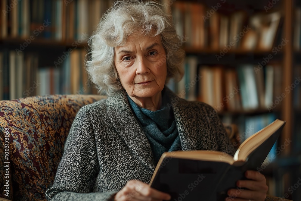 A woman with a hearing aid reading quietly in a cozy library filled with books, lost in thought during a peaceful afternoon A woman with a hearing aid reading quietly in a cozy library filled with books, lost in thought during a peaceful afternoon