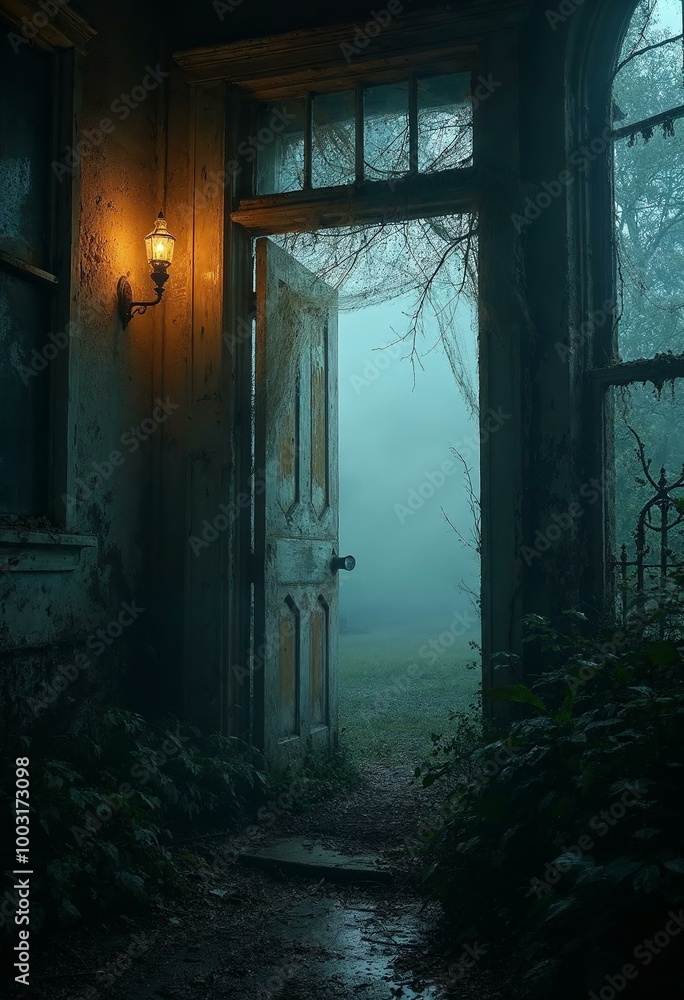Obraz premium Open Door of Abandoned House in Fog: Spooky and Eerie Scene