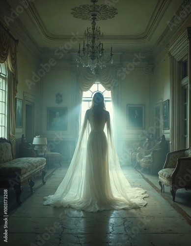 Woman in White Dress with Cape in Ornate Room: Fantasy or Halloween Portrait